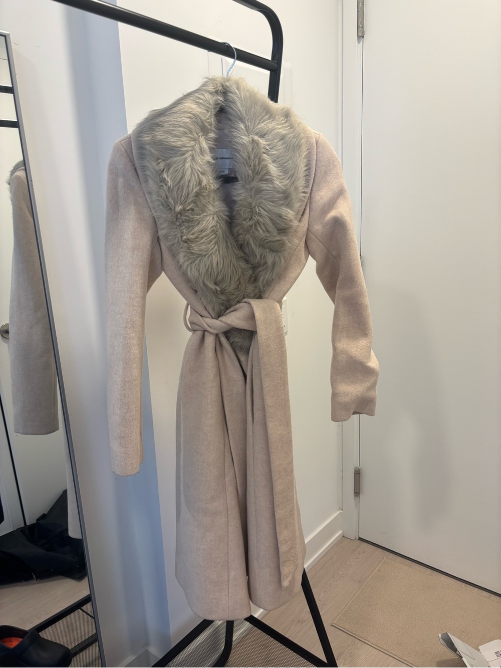 Club Monaco Wool Belted Wrap Robe Coat with removable Faux-Fur Trim